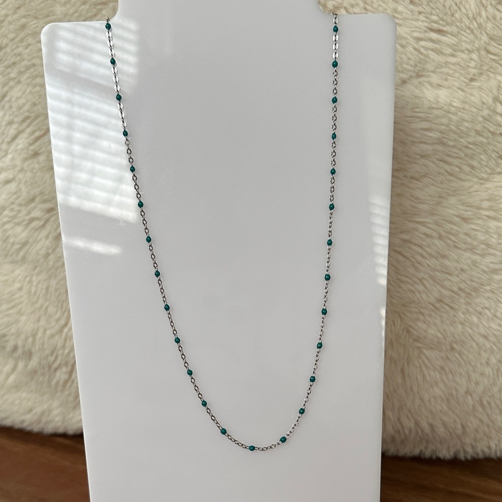 NEW Pretty Bird Jewelry | White Gold Plated Necklace with Teal Enamel Beads 18”